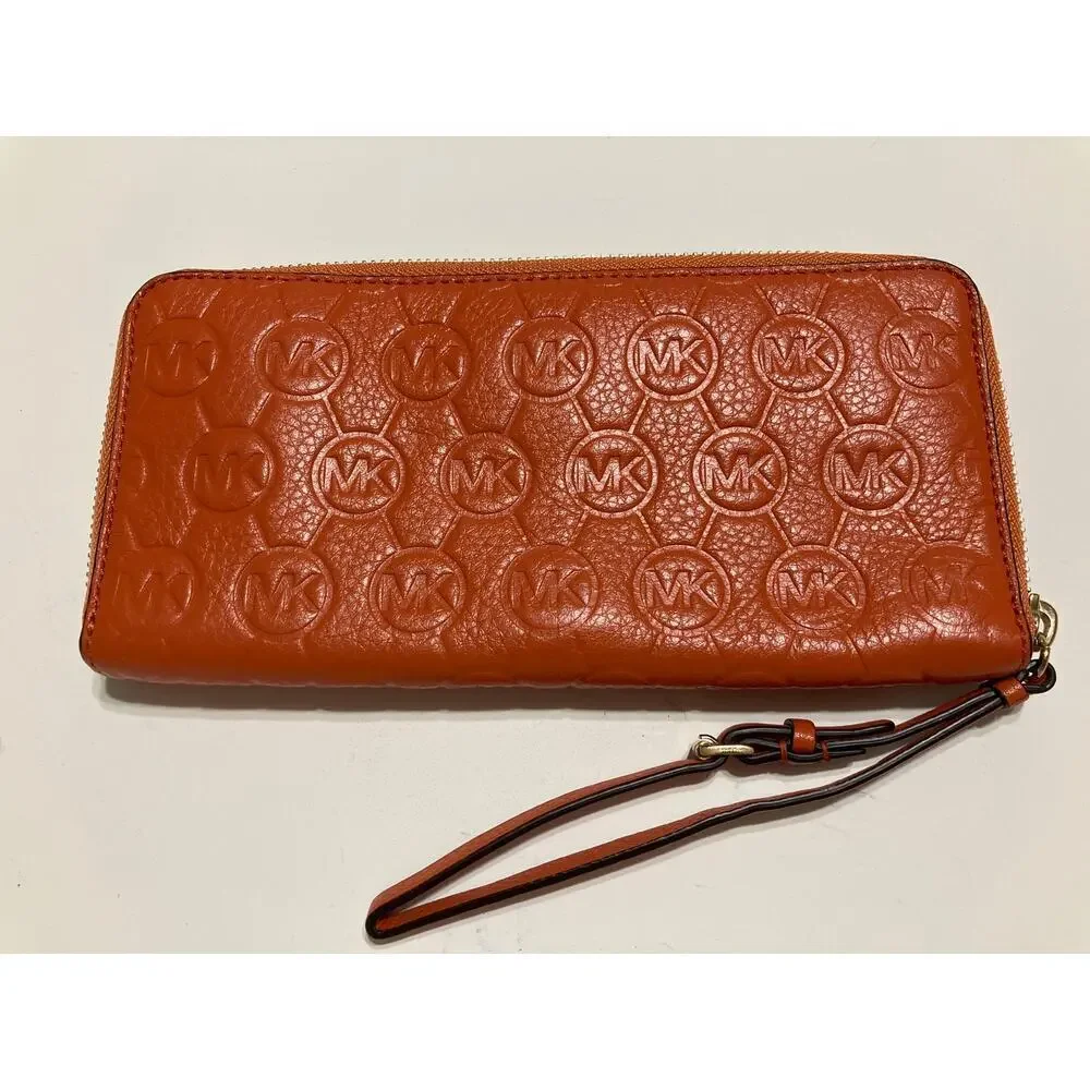 MICHAEL KORS, ORANGE LEATHER SIGNATURE WOMENS LARGE WALLET